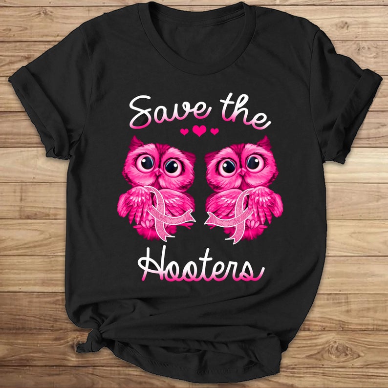 Save The Hooters Pink Owl With Ribbon Breast Cancer Awareness T-shirt